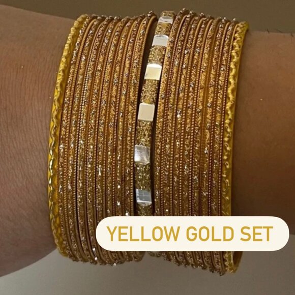 Gold and Yellow glitter Mirror Work Bangles Festive Indian Jewelry haldi - Picture 7 of 16
